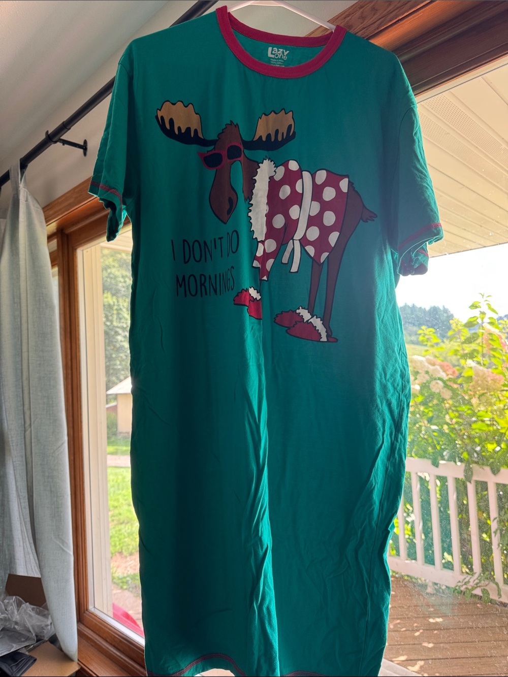 Lazy One Green womens Moose Pajama Nightshirt with Red Trim